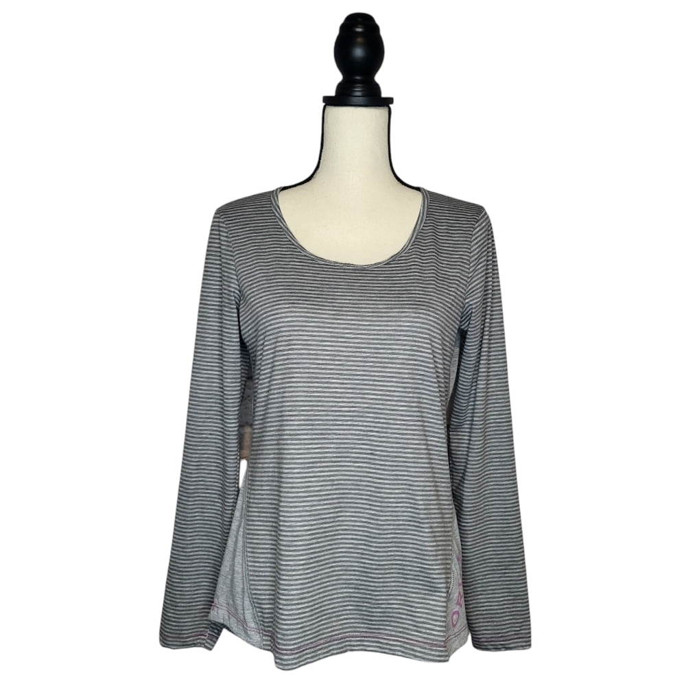 Orvis Top Gray Striped Long Sleeve Scoop Neckline Side Logo Women's Size S